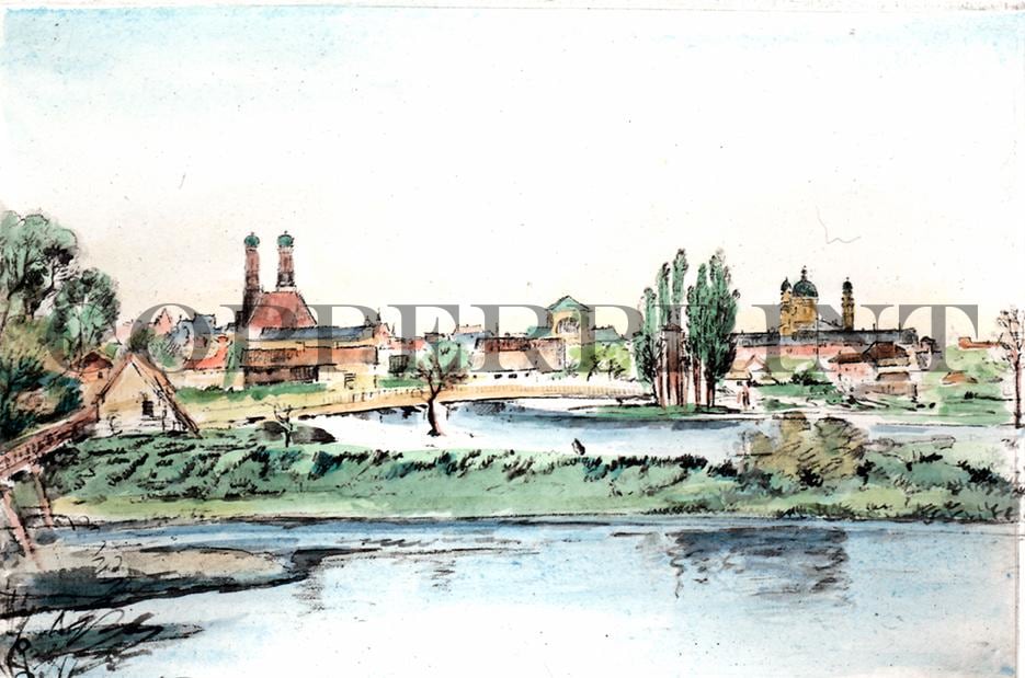 Stadtansicht von München Kunstdruck Tiefdruck