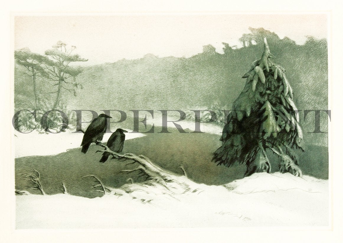 Nebelkrähen in einer Winterlandschaft Kunstdruck Tiefdruck