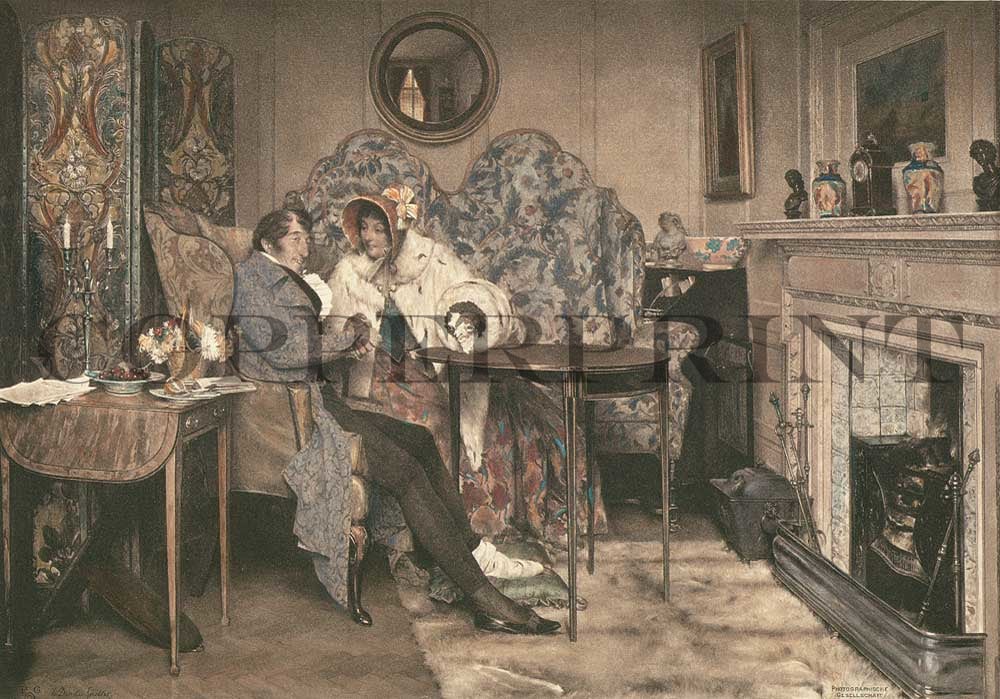 Mann und Frau reden im Wohnzimmer Kunstdruck Tiefdruck