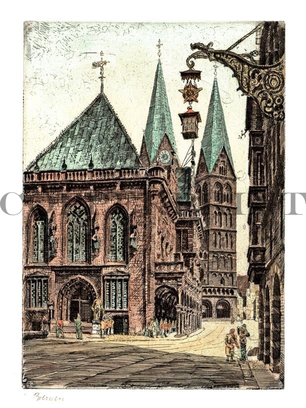 Stadtansicht von Bremen mit Rathaus Kunstdruck Tiefdruck