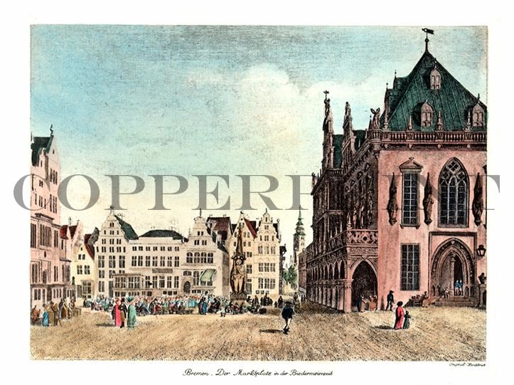 Stadtansicht von Bremen mit Marktplatz Kunstdruck Tiefdruck