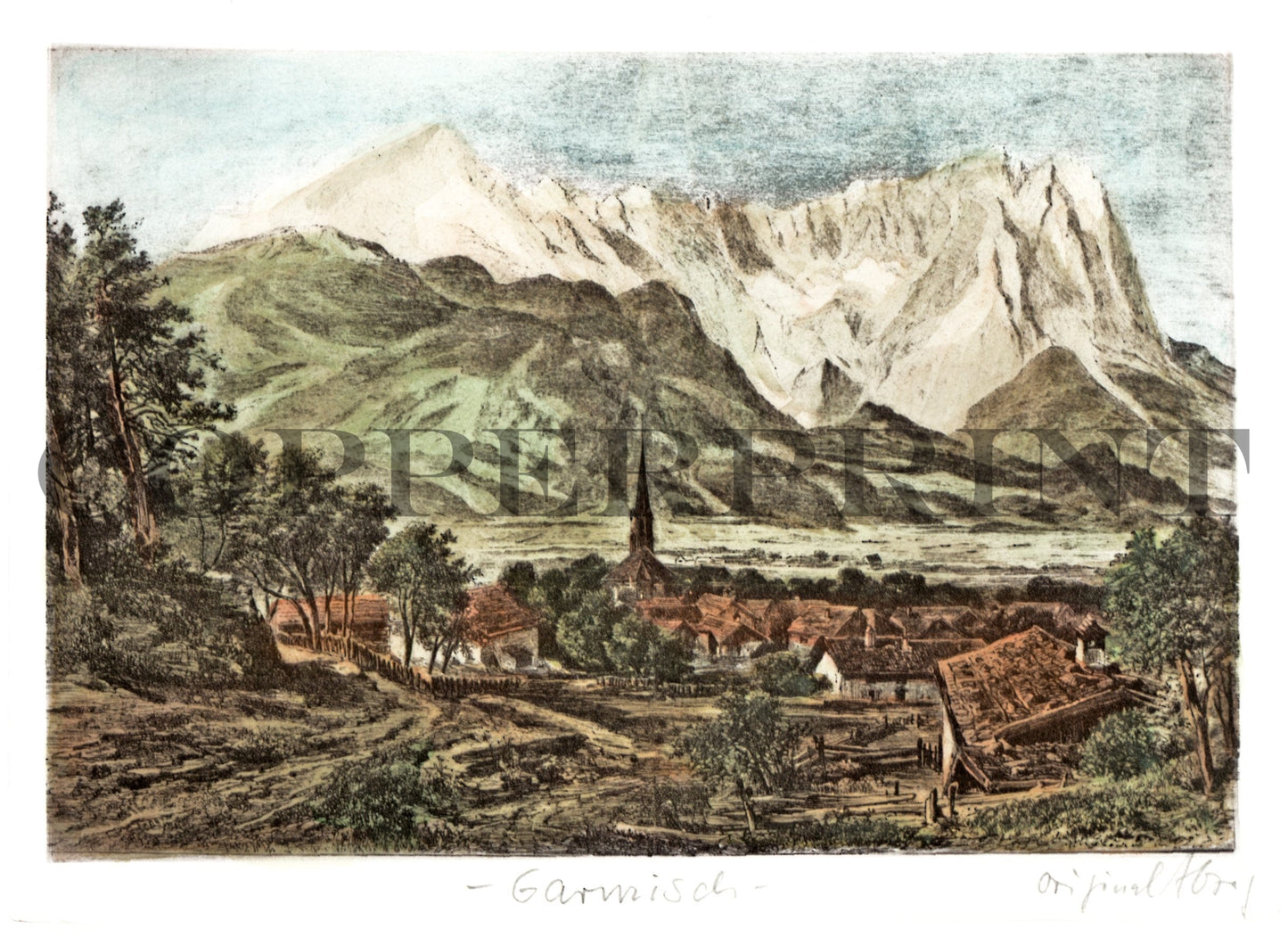 Stadtansicht von Garmisch Kunstdruck Tiefdruck