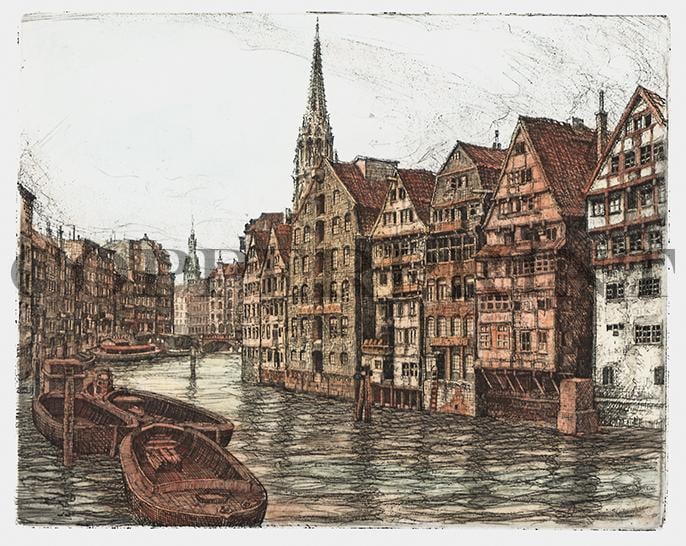 Stadtansicht von Hamburger Deichstraßenfleet Kunstdruck Tiefdruck