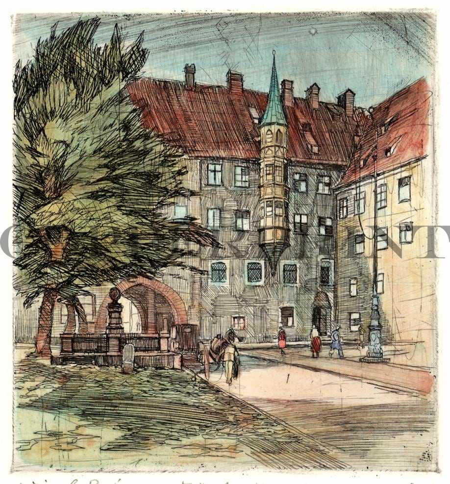 München alter Hof mit Straße Kunstdruck Tiefdruck