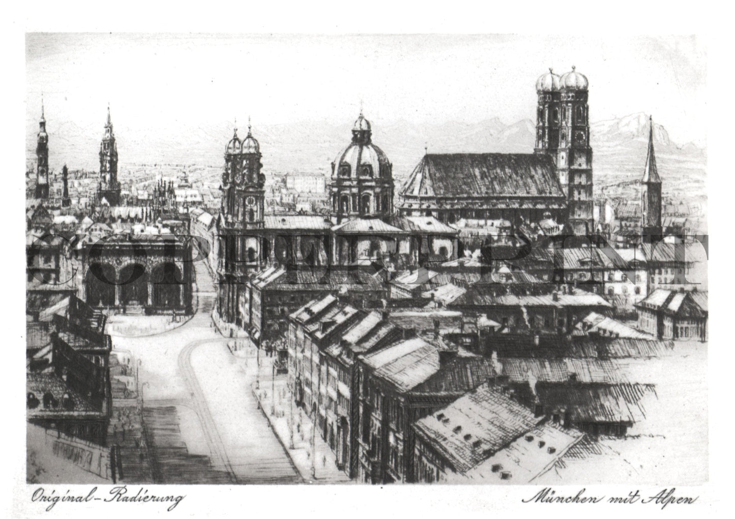 Stadtansicht München mit Alpen Kunstdruck Tiefdruck