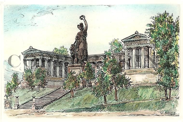 Bavaria mit Ruhmeshalle Kunstdruck Tiefdruck