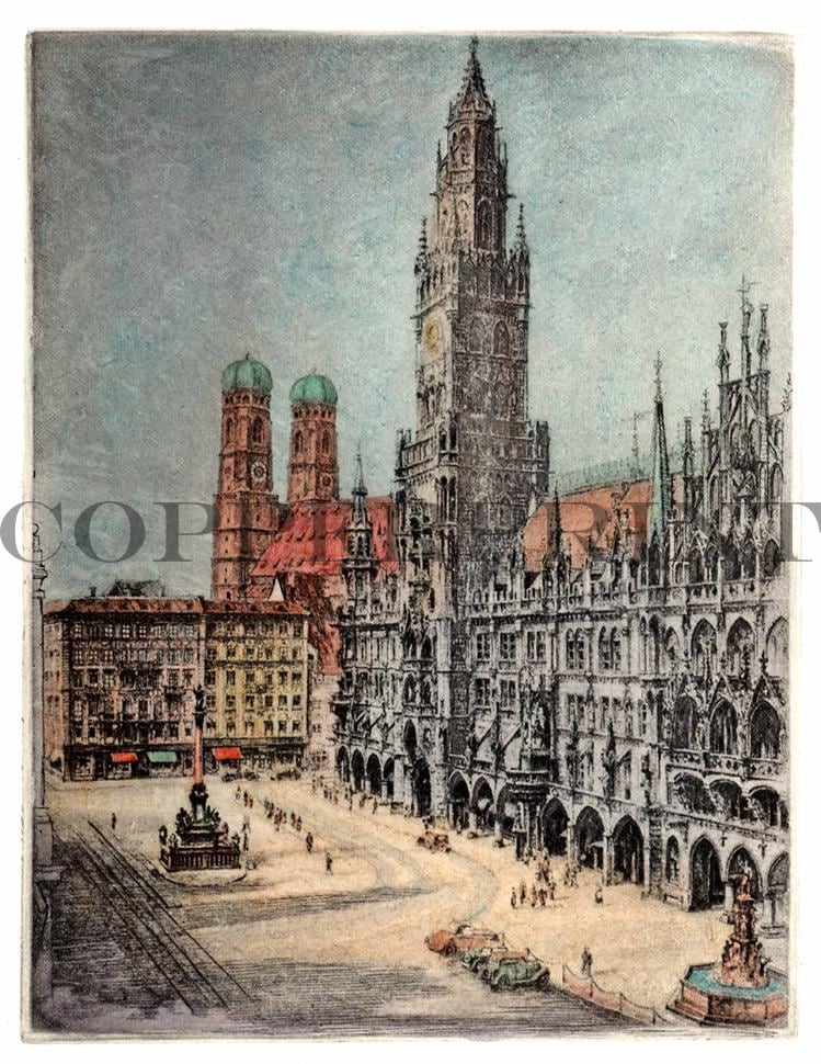 Stadtansicht München Marienplatz Kunstdruck Tiefdruck