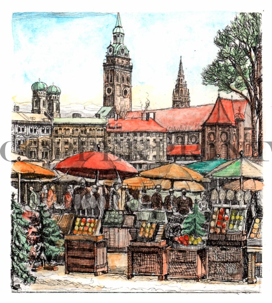 Ansicht München Viktualienmarkt Kunstdruck Tiefdruck