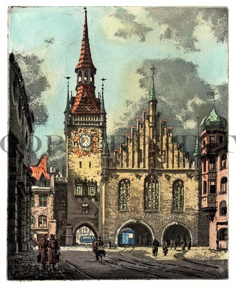 Stadtansicht München altes Rathaus Kunstdruck Tiefdruck