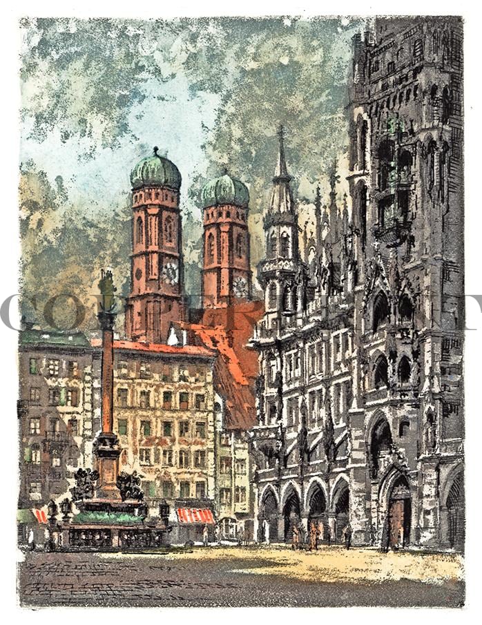 Stadtansicht vom Marienplatz Kunstdruck Tiefdruck