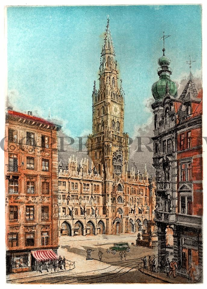 Stadtansicht München neues Rathaus Kunstdruck Tiefdruck
