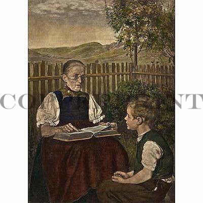 Alte Frau liest Jungen im Garten vor Kunstdruck Tiefdruck