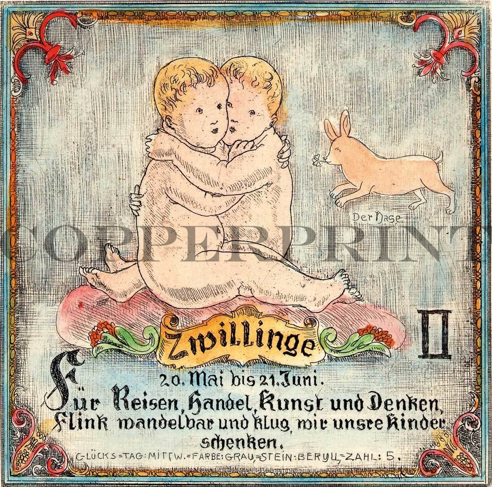 Darstellung des Sternzeichens Zwillinge Kunstdruck Tiefdruck