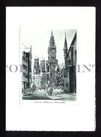 Büttenkarte - München, Blick zum Marienplatz