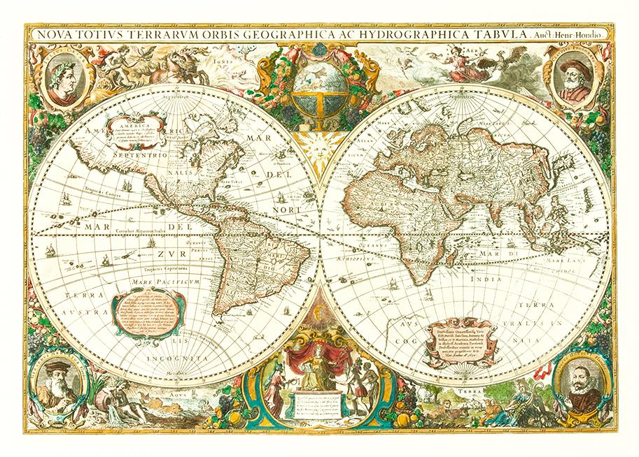 Historische Weltkarte Kunstdruck Tiefdruck