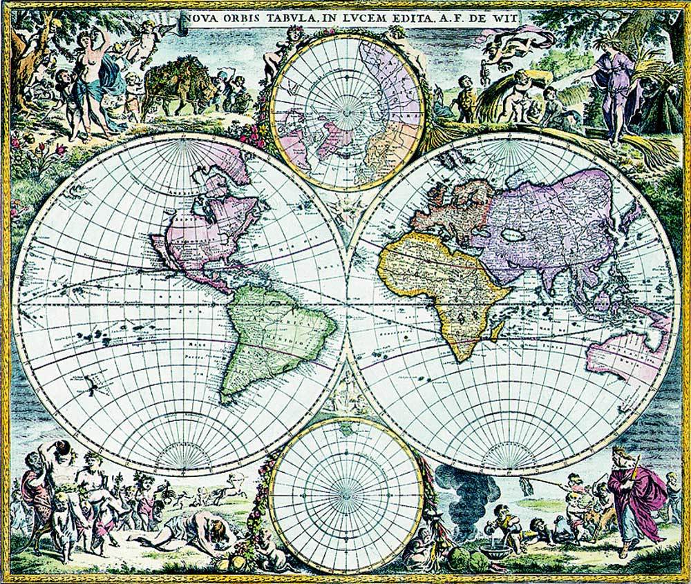 Historische Weltkarte Kunstdruck Tiefdruck