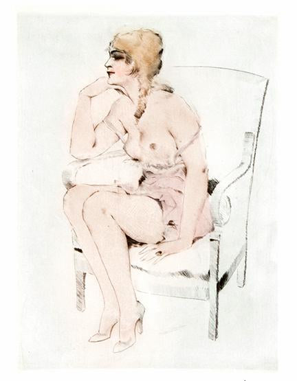 weibliches Aktmodel sitzend auf dem Stuhl Kunstruck Tiefdruck