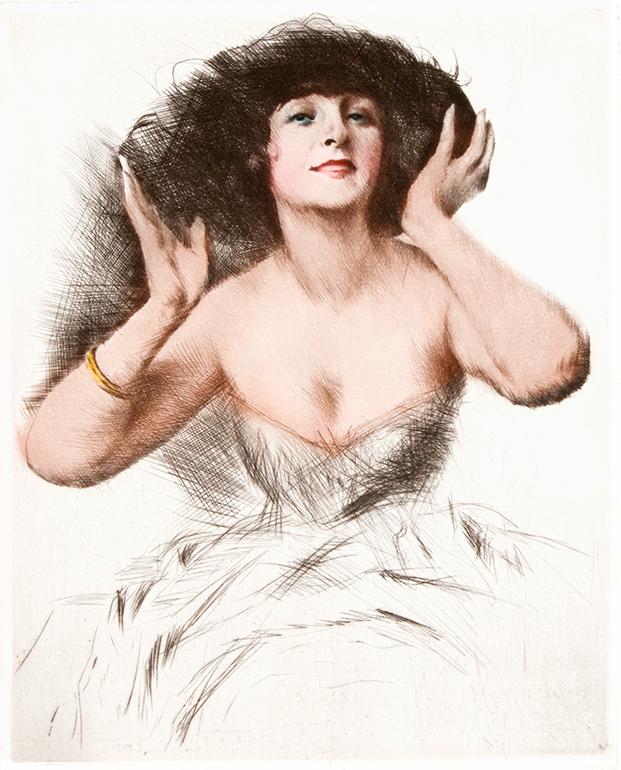 Dame in weißem Kleid mit Hut Kunstdruck Tiefdruck