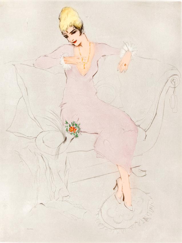 Aktmodel sitzend im Rosa Kleid Kunstdruck Tiefdruck