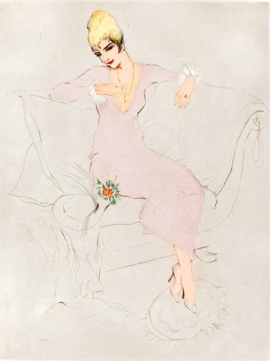 Aktmodel sitzend im Rosa Kleid Kunstdruck Tiefdruck