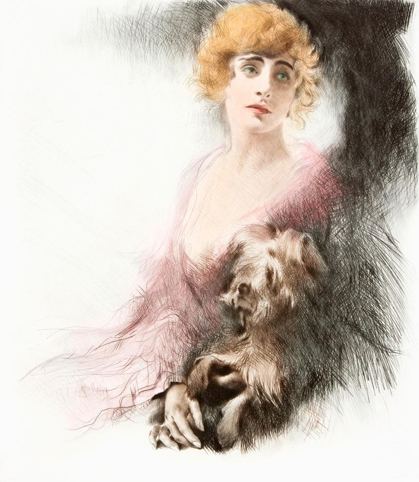 Portrait einer Dame mit Hund Kunstdruck Tiefdruck