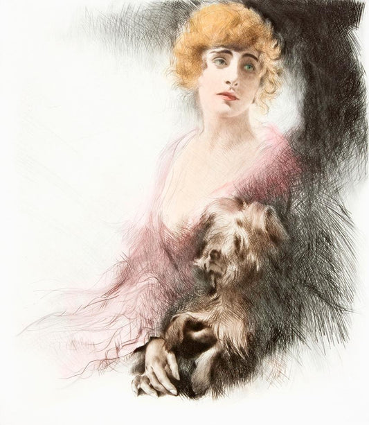 Portrait einer Dame mit Hund Kunstdruck Tiefdruck