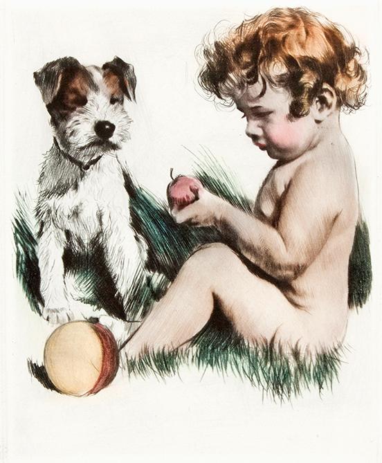 Kint teilt Apfel mit Hund Kunstdruck Tiefdruck