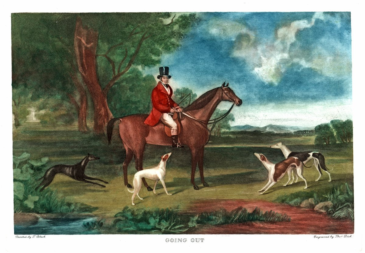 Mann auf dem Pferd mit Hunden Kunstdruck Tiefdruck