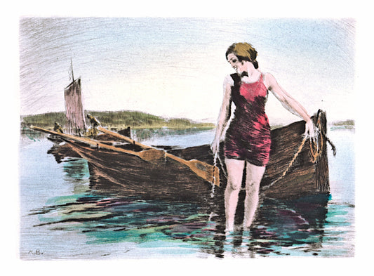 Frau steht im Wasser vor Boot Kunstdruck Tiefdruck