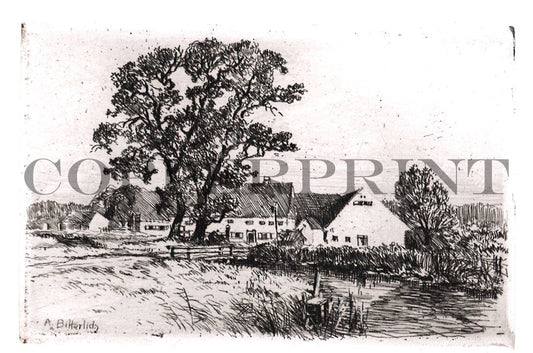 Haus mit Baum in Landschaft Kunstdruck Tiefdruck