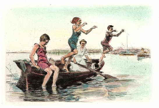 Kinder hüpfen aus dem Boot ins Wasser Kunstdruck Tiefdruck