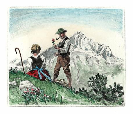 Mann und Frauen Dirndl und Lederhosen in den Alpen Kunstdruck Tiefdruck