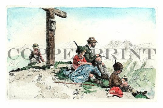 Familie auf dem Gipfel mit Gipfelkreuz Kunstdruck Tiefdruck