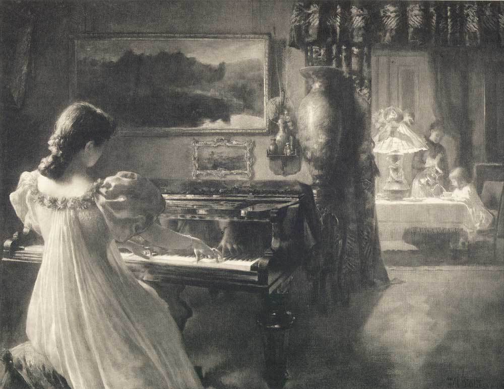 junge Frau am Klavier Kunstdruck Tiefdruck