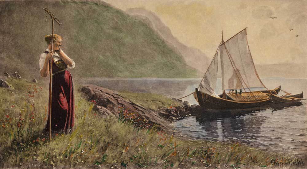 Frau am See mit Boot Kunstdruck Tiefdruck