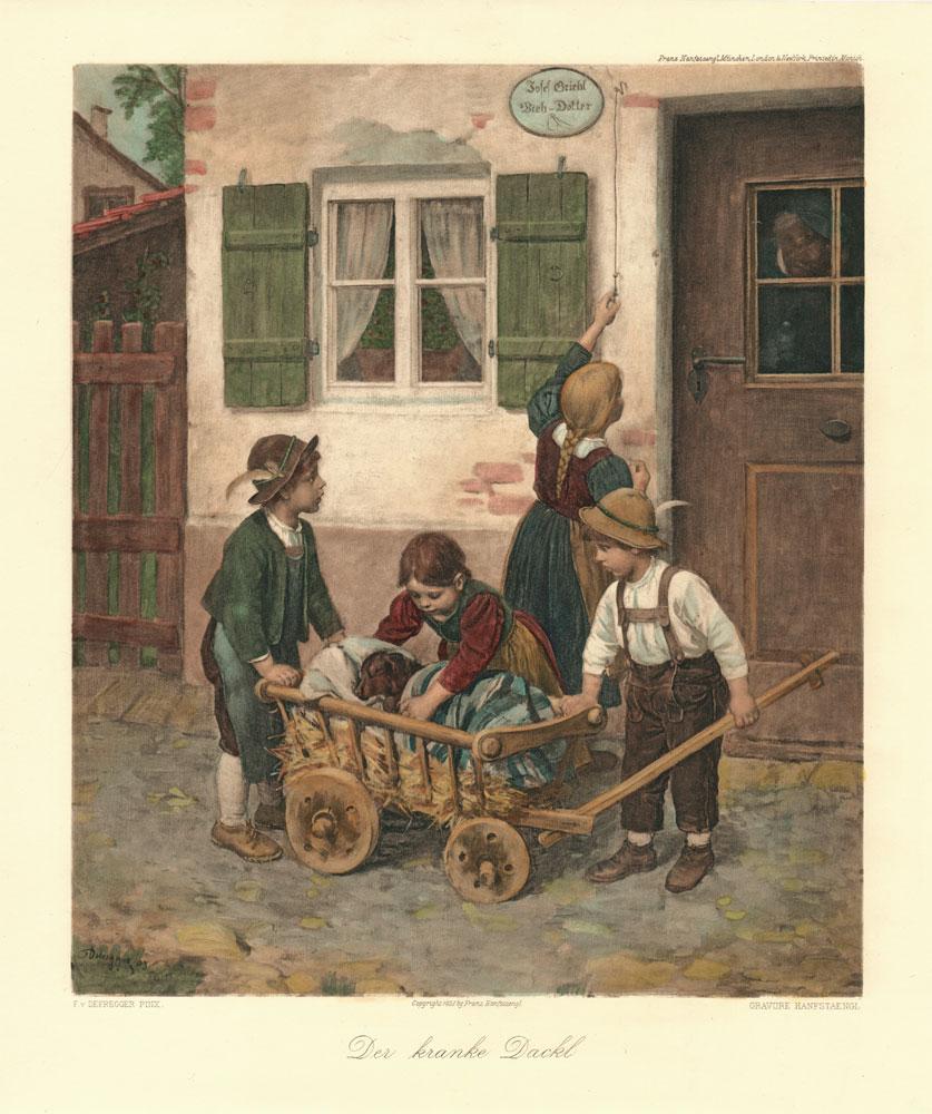 Kinder mit Dackel in kleinem Wagen Kunstdruck Tiefdruck