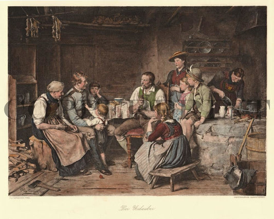 traditionell gekleidete Leute in Bauernhaus Kunstdruck Tiefdruck