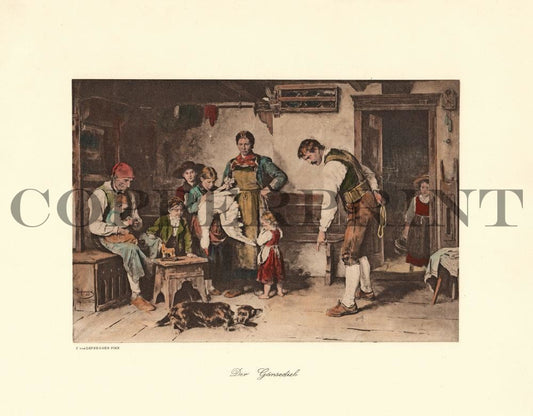 Leute in altem Bauernhaus mit Hund und Gans Kunstdruck Tiefdruck