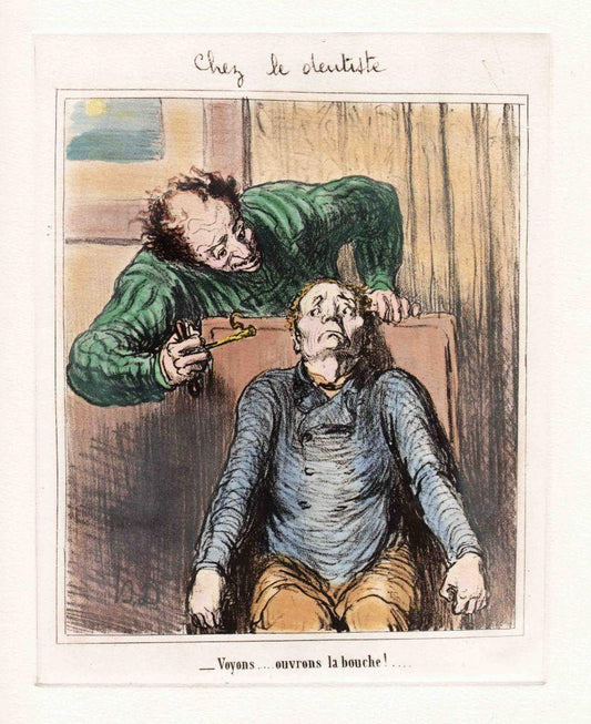 Humorvolle Illustration vom Zahnarzt mit Patient Kunstdruck Tiefdruck