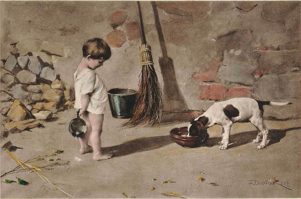 kleines Kind füttert Hund Kunstdruck Tiefdruck