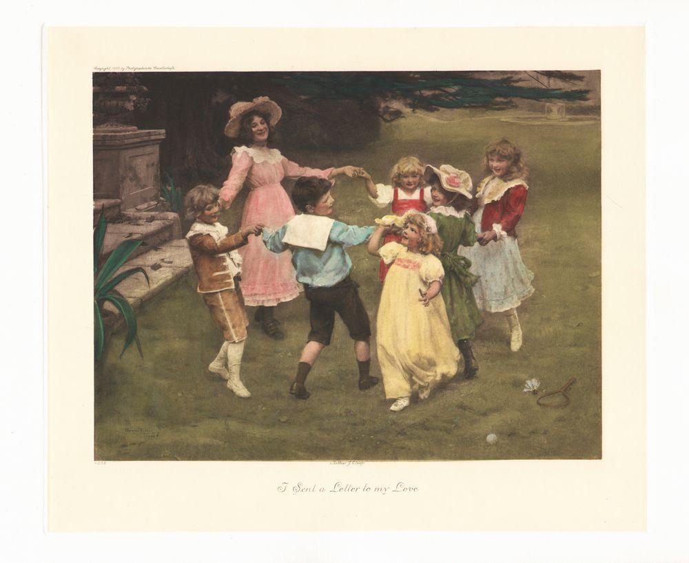 Kinder mit Frau tanzen im Garten Kunstdruck Tiefdruck