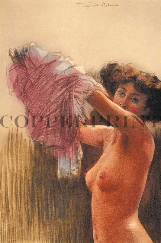 Weibliches Aktmodel zieht sich um Kunstdruck Tiefdruck