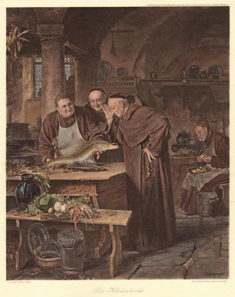 Mönche betrachten Hecht im Kloster Kunstdruck Tiefdruck