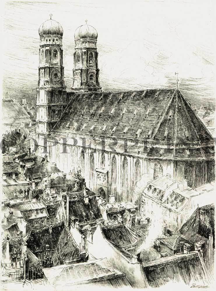 Stadtansicht von München mit frauenkirche Kunstdruck tiefdruck