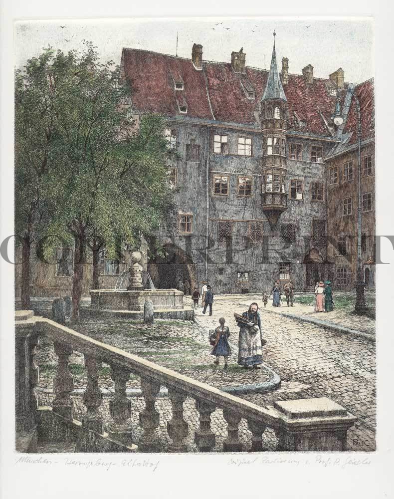 Stadtansicht München alter Hof Kunstdruck Tiefdruck