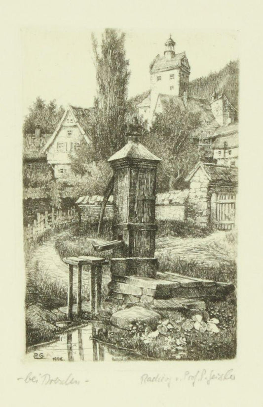 Stadtansicht von Dresden mit Dorfbrunnen Kunstdruck Tiefdruck