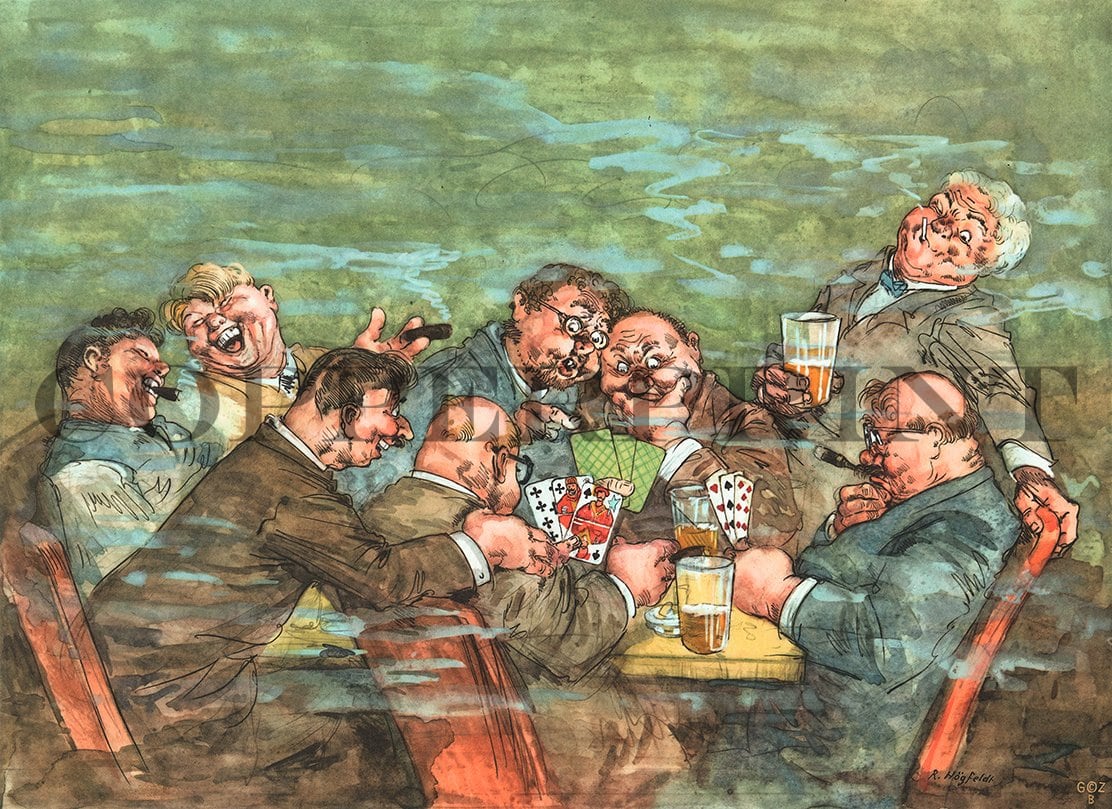 Trinkrunde mit Zigarrenrauch Kunstdruck Tiefdruck