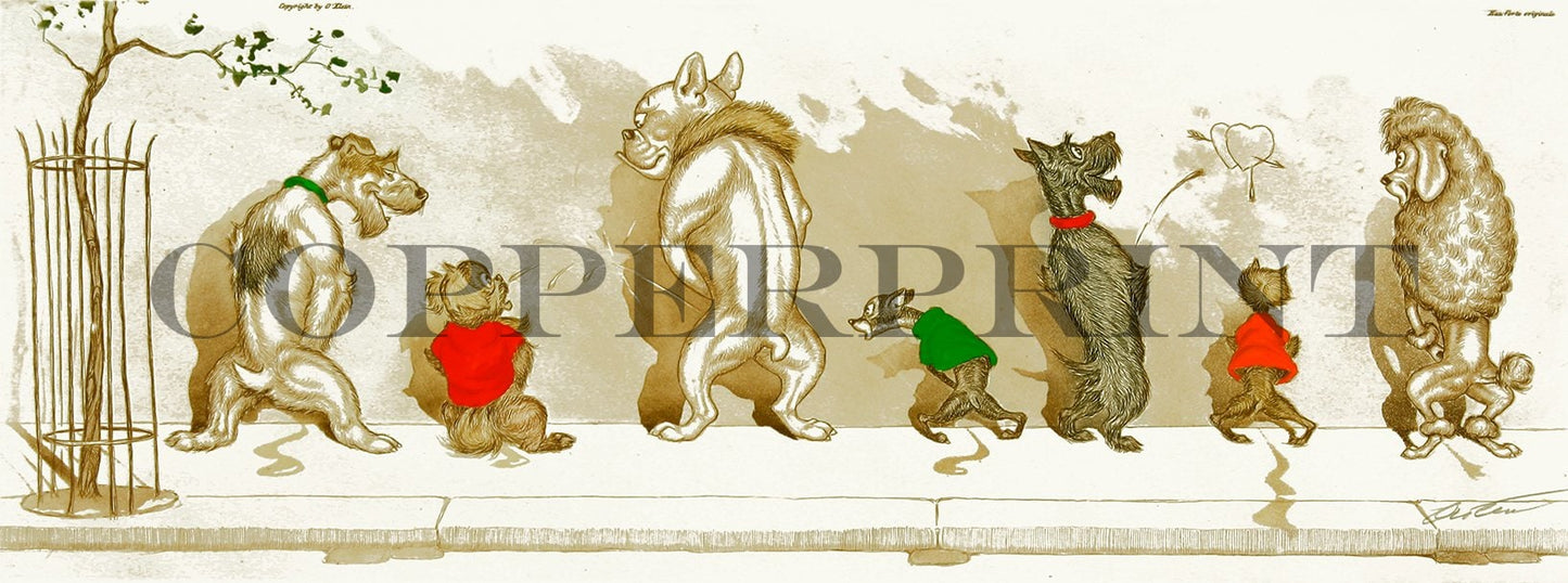 humorvolle Illustration von pinkelnden Hunden Kunstdruck Tiefdruck