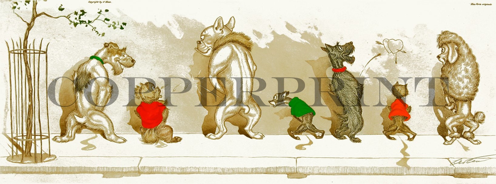 humorvolle Illustration von pinkelnden Hunden Kunstdruck Tiefdruck