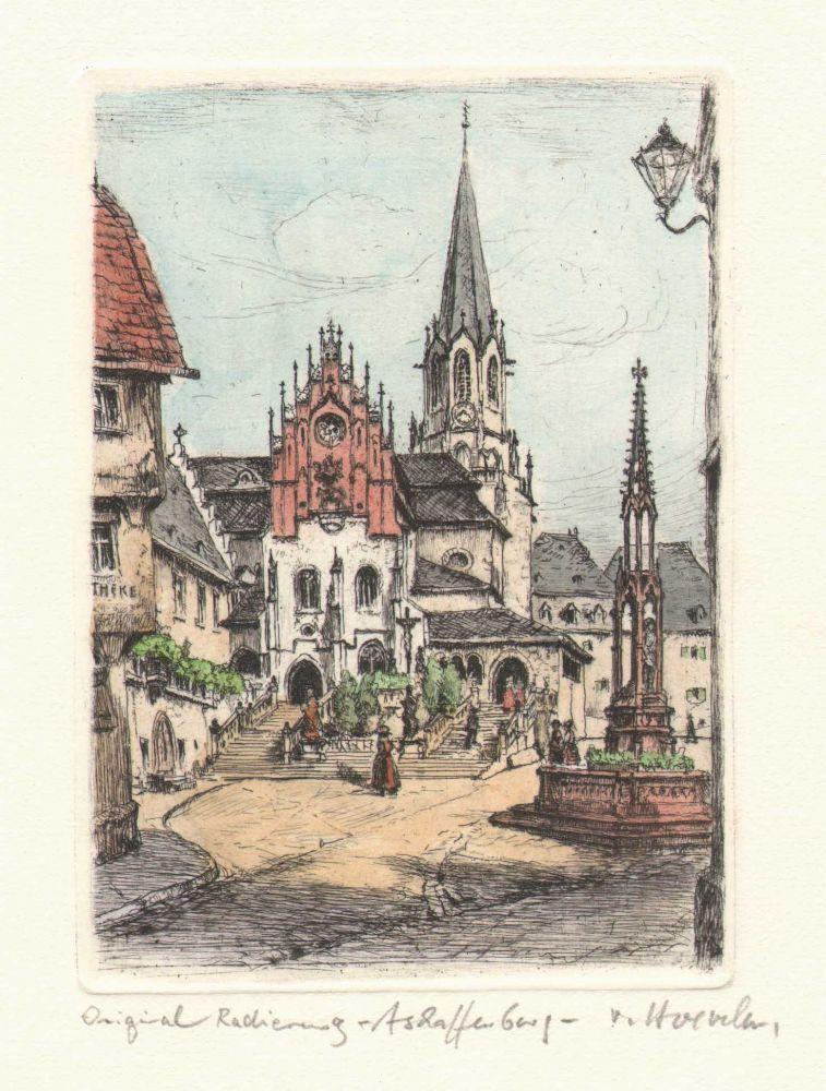 Stadtansicht von Aschaffenburg mit Kirche Kunstdruck Tiefdruck